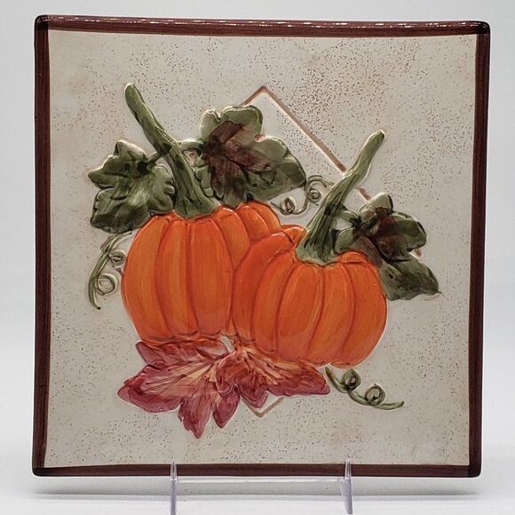 Hand Painted Orange Pumpkins Red and Green Leaves Ceramic 3D Tile Wall Decor - Picture 1 of 12